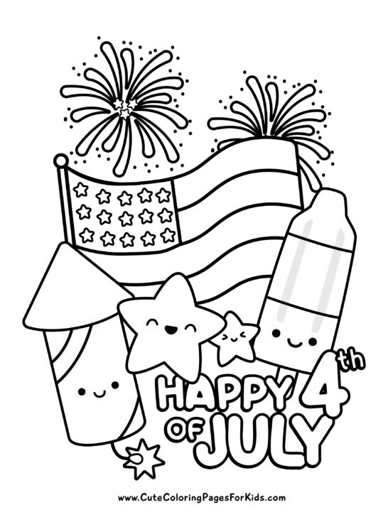 Happy 4th of July coloring page with fireworks, cute bomb pop, firecracker and stars