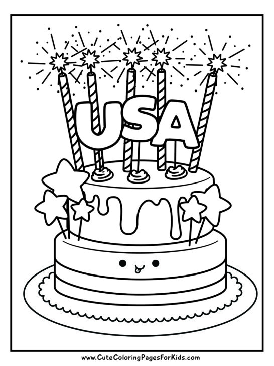 Cute cake with USA letters, stars decorations, and sparkler candles