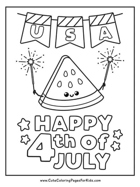 4th of July coloring page with watermelon slice holding sparklers
