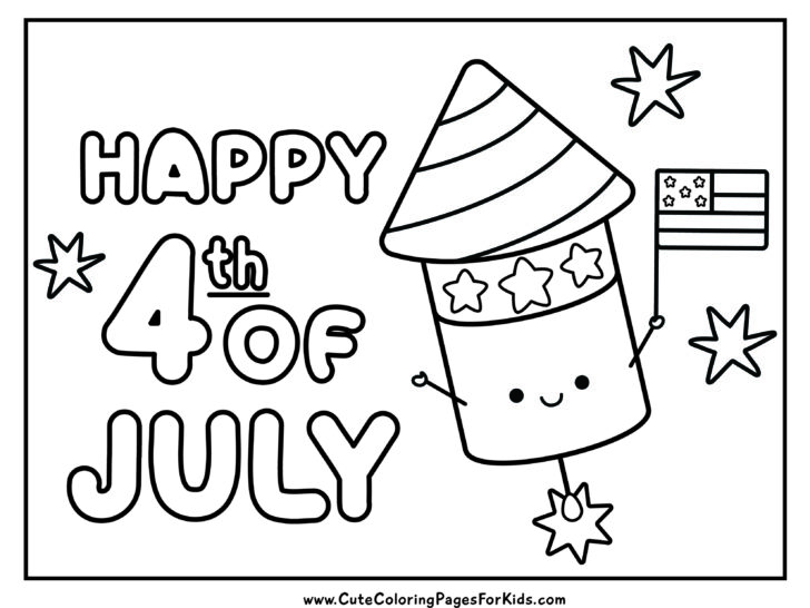 Happy 4th of July simple coloring sheet with firecracker holding usa flag