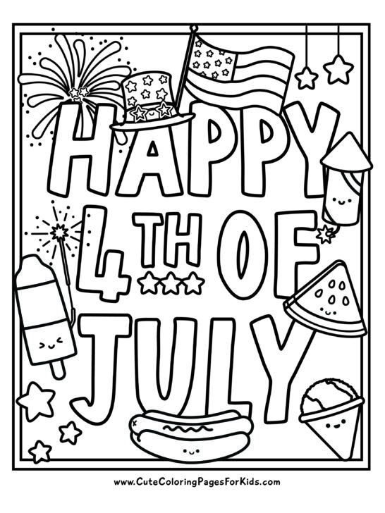 full page coloring sheet with the words Happy 4th of July and many small and cute, smiling characters (ex. hot dog, snow cone, watermelon, bomb pop, firecracker).