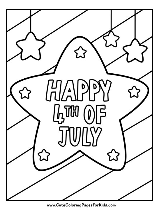 coloring page with diagonal stripes background and large star in front with the words Happy 4th of July