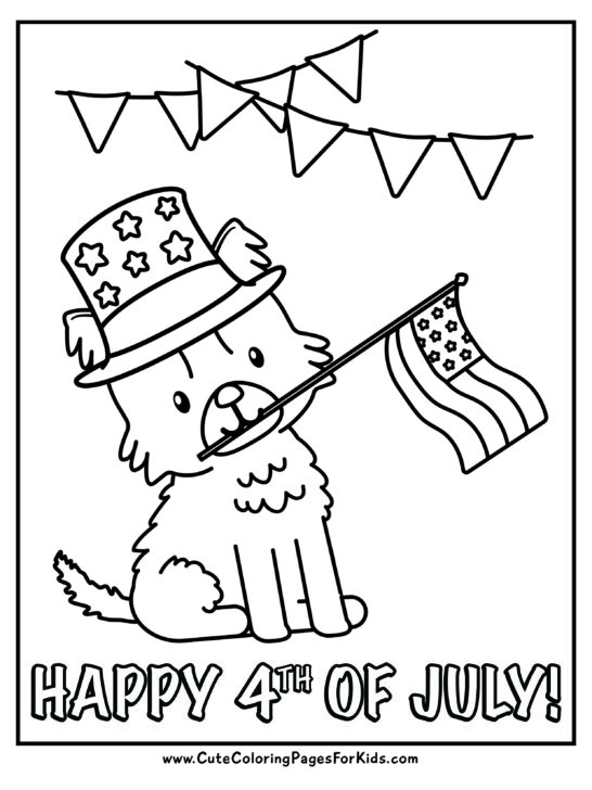 coloring page with drawing of a puppy wearing a patriotic hat and holding an American flag in his mouth with the words Happy 4th of July