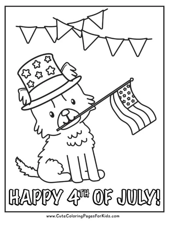 coloring page with drawing of a puppy wearing a patriotic hat and holding an American flag in his mouth with the words Happy 4th of July