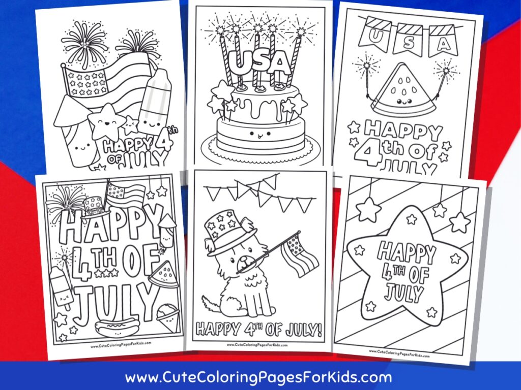 6 4th of July coloring pages with cute characters and classic elements of the holiday, like stars, fireworks, USA flags and more.
