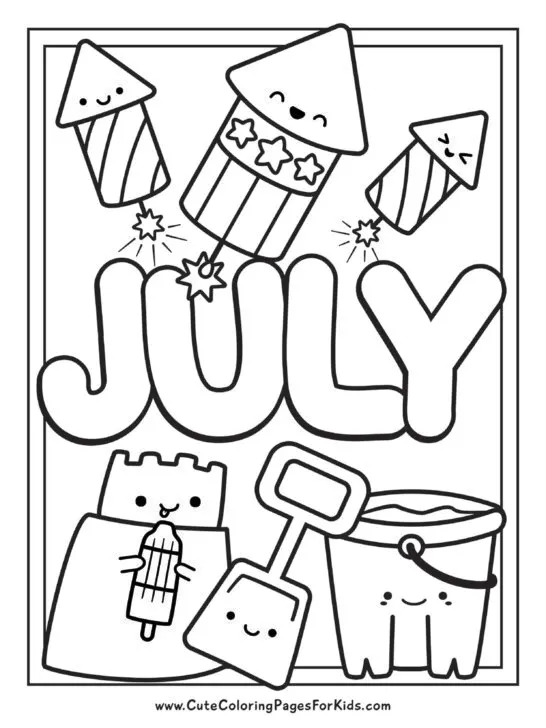 Coloring sheet with the word July and happy fireworks, plus a sandcastle eating a bomb-pop, and a beach bucket and shovel.