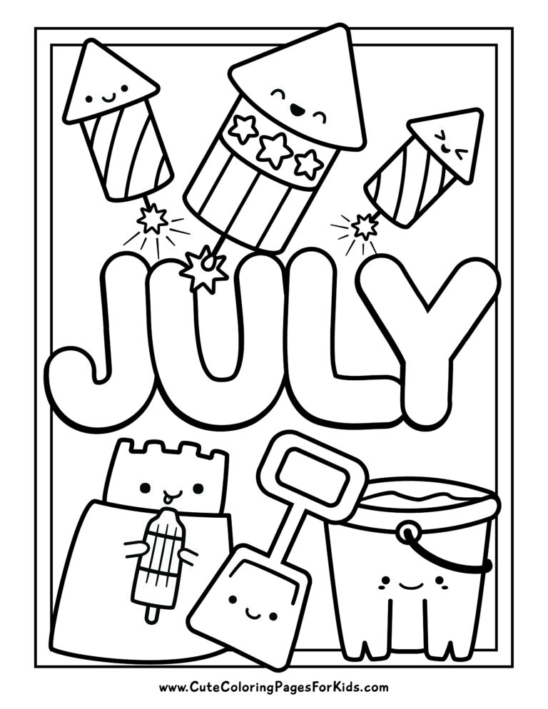 Cute July coloring page with happy fireworks, a sandcastle eating a bomb-pop, and a beach bucket and shovel.