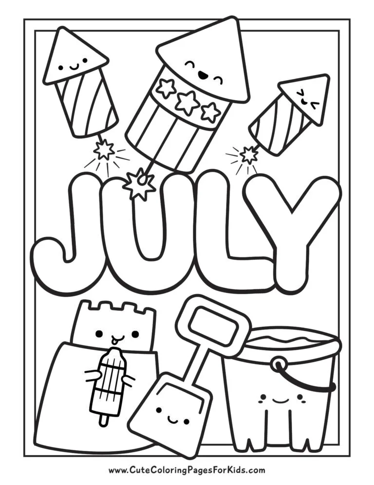 Cute July coloring page with happy fireworks, a sandcastle eating a bomb-pop, and a beach bucket and shovel.