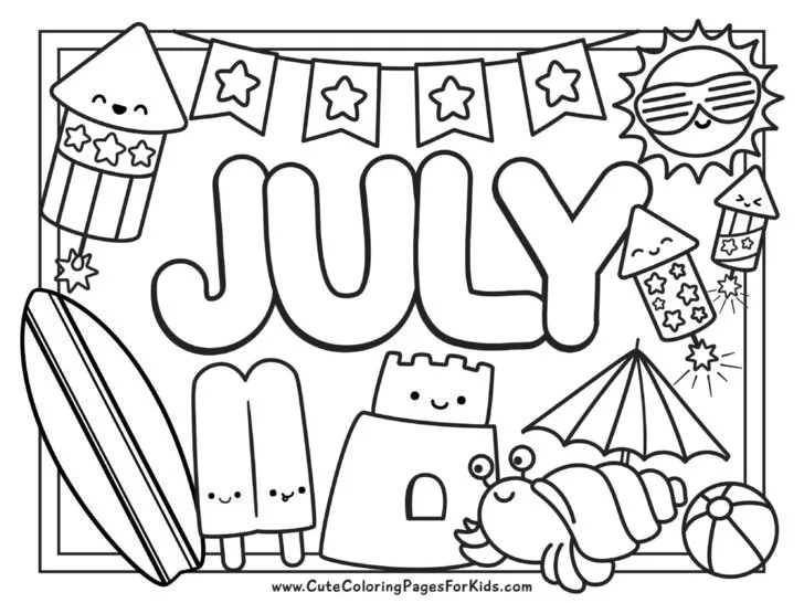 July coloring sheet with fireworks, star banner, sun, sandcastle, hermit crab, and popsicle