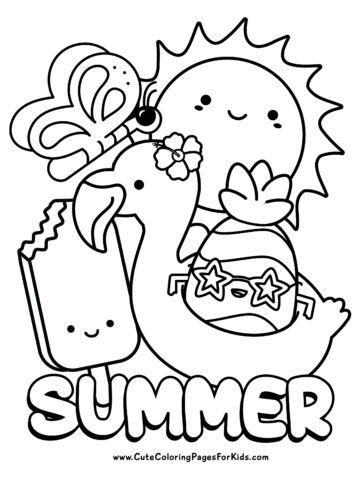 Cute summer coloring sheet with pineapple, ice cream bar, butterfly, flamingo float, and big smiling sun