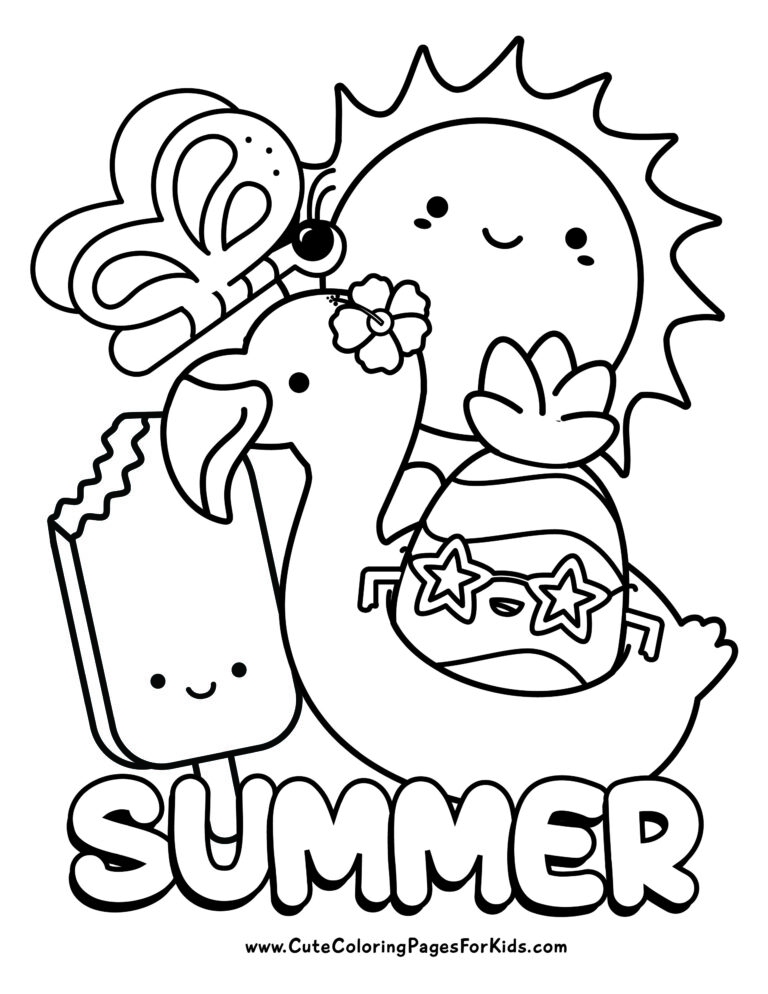 Cute summer coloring sheet with pineapple, ice cream bar, butterfly, flamingo float, and big smiling sun