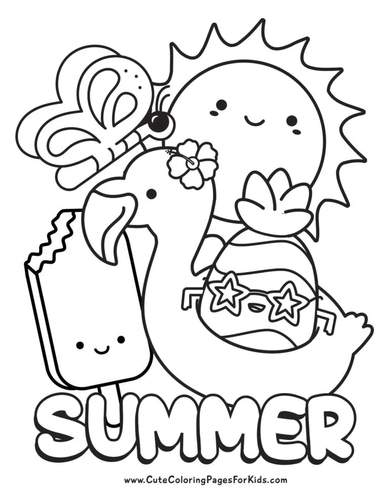 Cute summer coloring sheet with pineapple, ice cream bar, butterfly, flamingo float, and big smiling sun