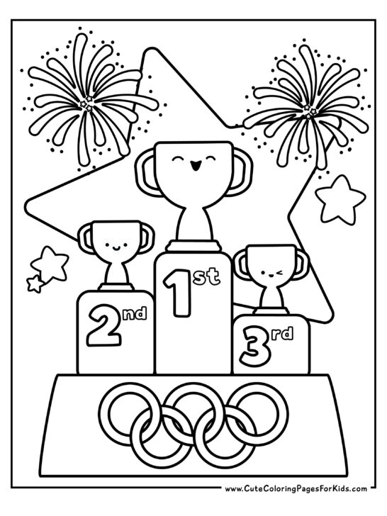 olympic winner's podium coloring page trophies and fireworks