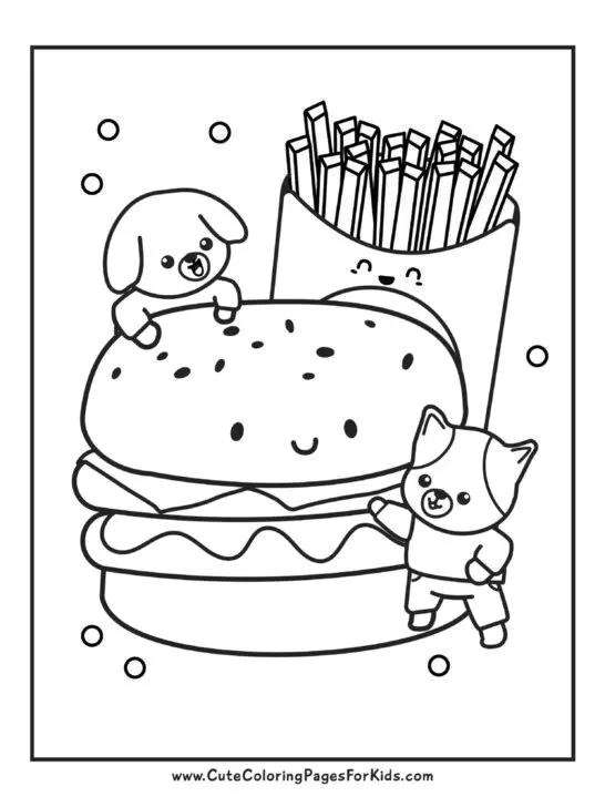funny dog coloring page with two tiny dogs climbing a giant cheeseburger and fries