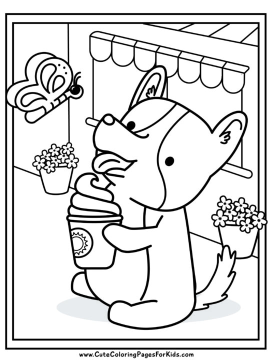 coloring sheet with picture of a cute corgi dog eating a pup cup and looking at a butterfly