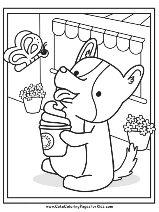 coloring sheet with picture of a cute corgi dog eating a pup cup and looking at a butterfly