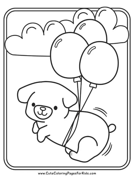 cute dog coloring page with pug type dog and balloons