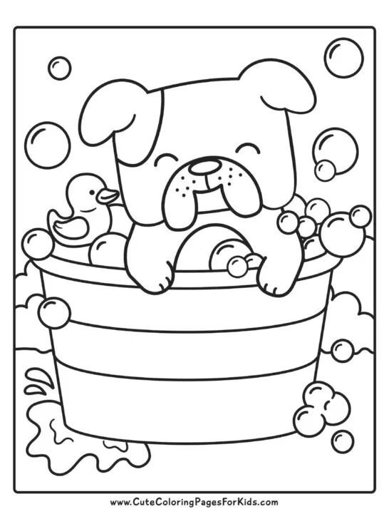 coloring page with picture of a bulldog taking a bubble bath and a rubber ducky