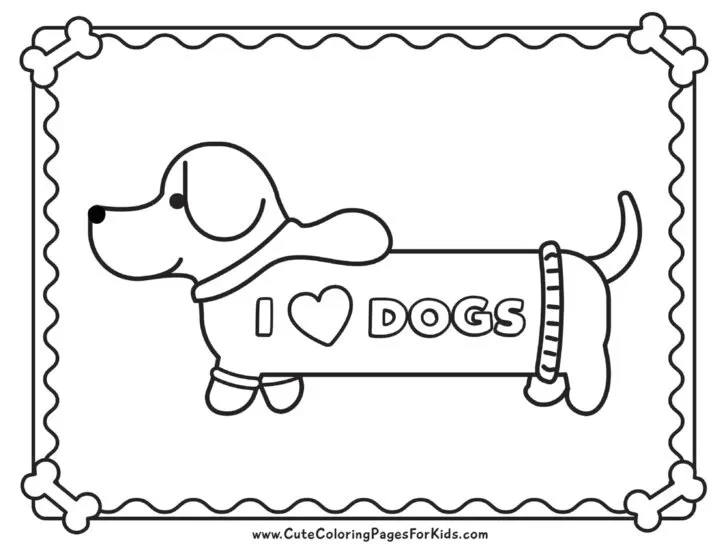 Weiner dog coloring sheet with dog wearing a hoodie that reads "I 'heart' Dogs"