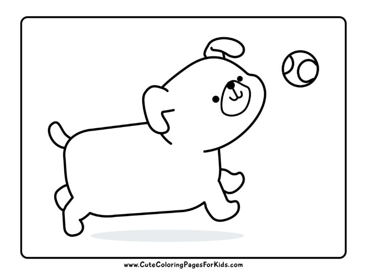 Easy dog coloring page with picture of a dog chasing a ball