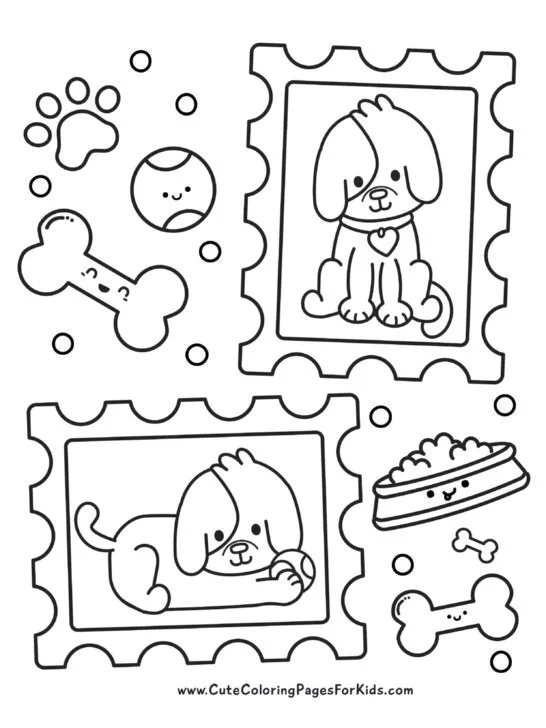 coloring sheet with cute puppy in stamp frames with smiling bone, food dish, ball, and paw prints