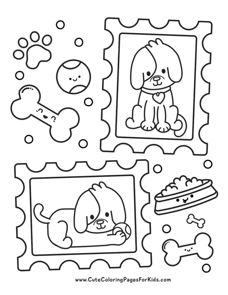 coloring sheet with cute puppy in stamp frames with smiling bone, food dish, ball, and paw prints