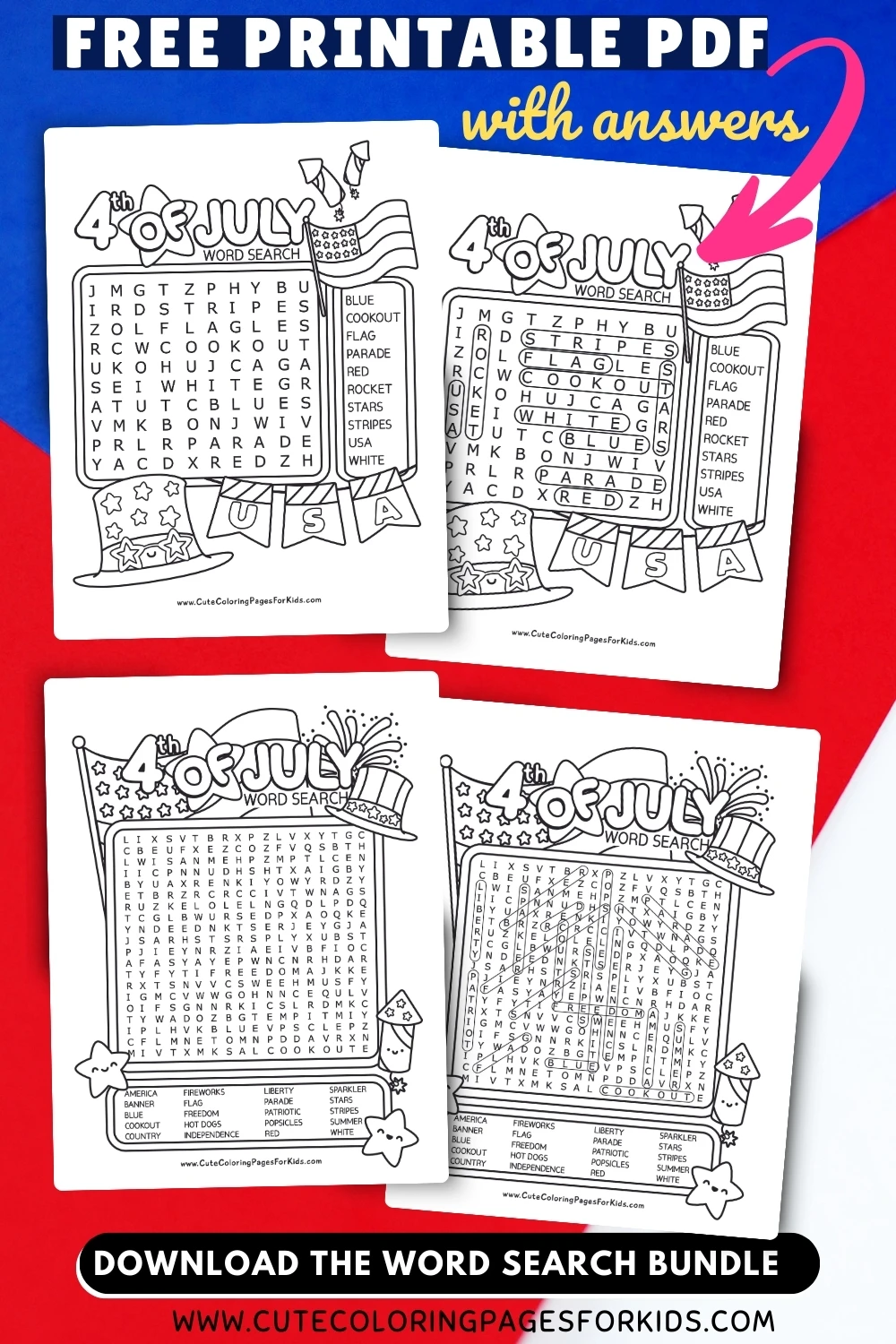 4 sheets of paper with word searches and answer sheets in 4th of July themes on a red, white, and blue background