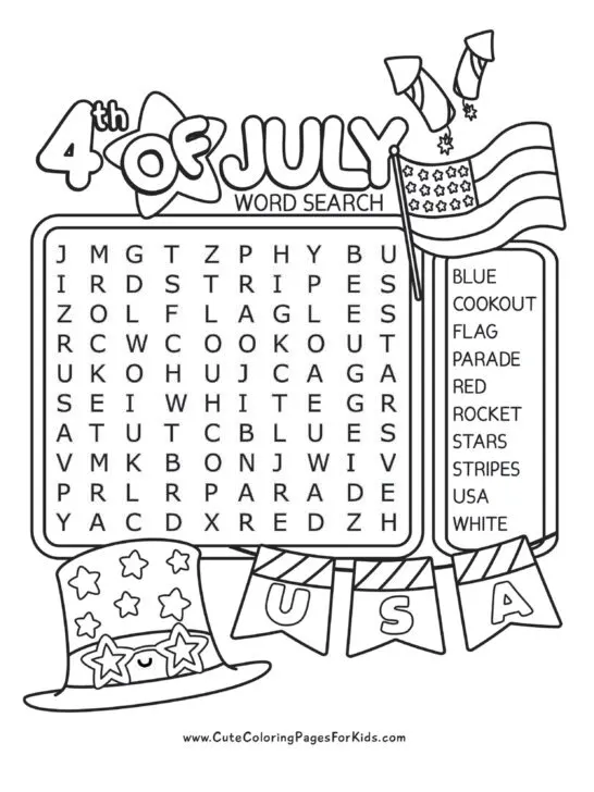 black and white word search puzzle with large letters and decorated with 4th of July themed illustrations, such as flag, banner, rockets, and stars.