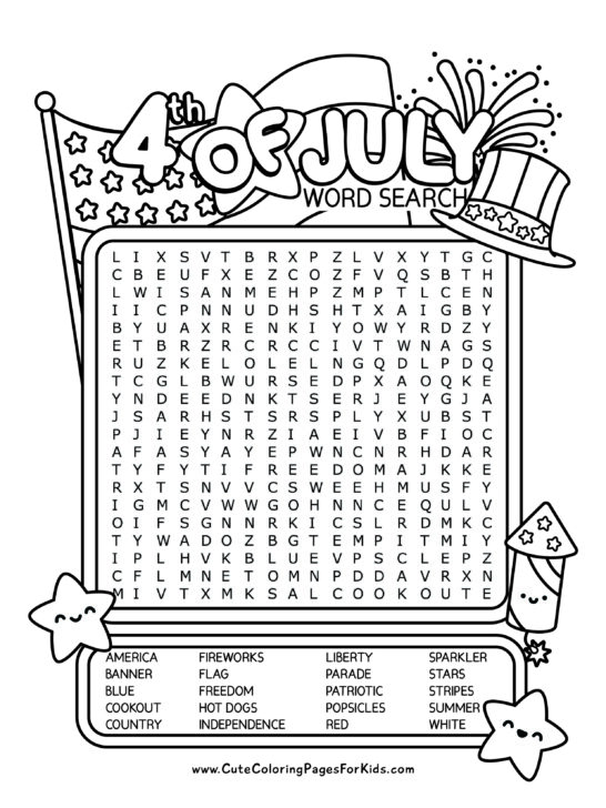 word search puzzle with border and 4th of July illustrations, including a hat, stars, flag, and fireworks. 