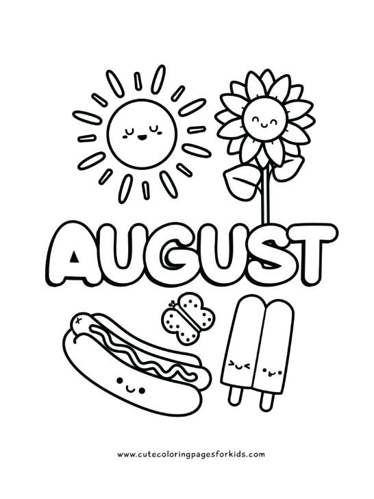 August coloring sheet with happy sunshine, sunflower, hot dog, popsicle, and butterfly