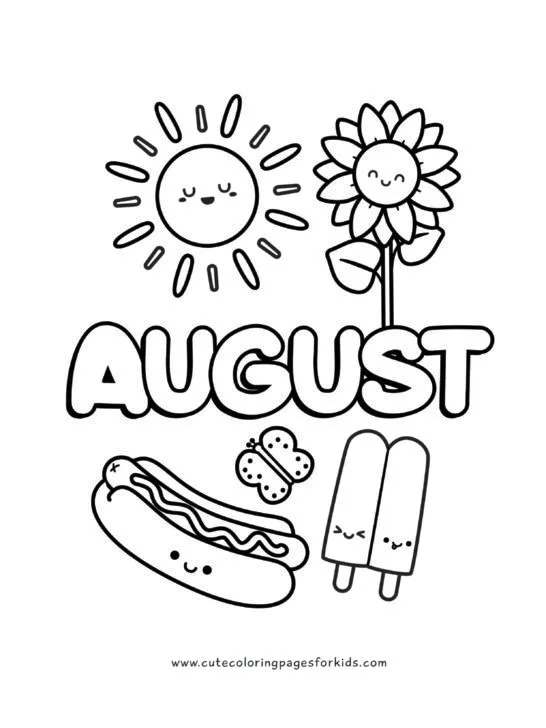 August coloring sheet with happy sunshine, sunflower, hot dog, popsicle, and butterfly