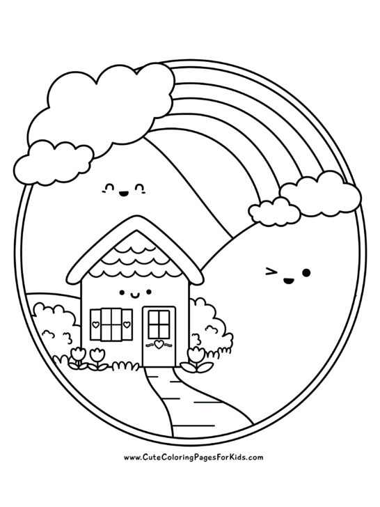 coloring page with happy cottage and rolling hills, with Rainbow arching from hill to hill in an oval border, drawn in kawaii style