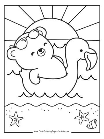 coloring page with picture of a cute bear floating in a flamingo float at the beach with the sun setting in the background