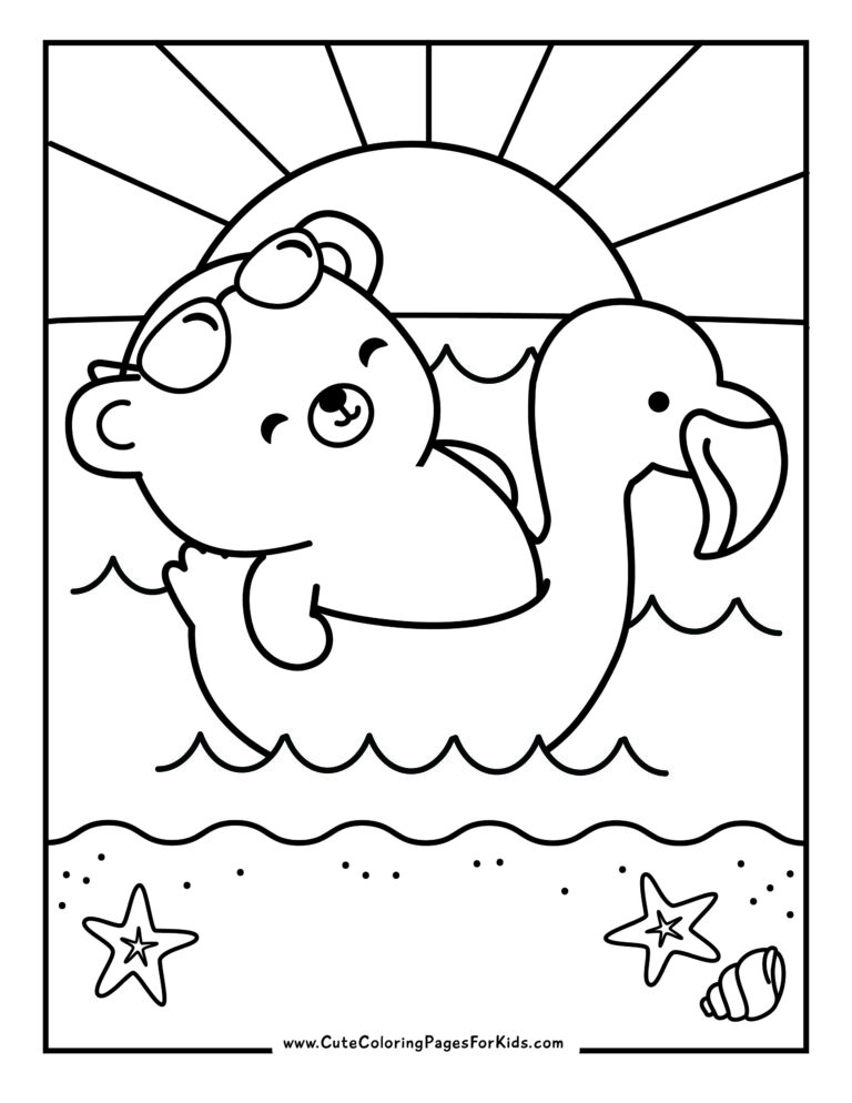 coloring page with picture of a cute bear floating in a flamingo float at the beach with the sun setting in the background