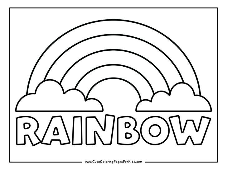 coloring page with rainbow, clouds, and the word Rainbow