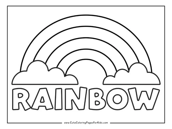 coloring page with rainbow, clouds, and the word Rainbow