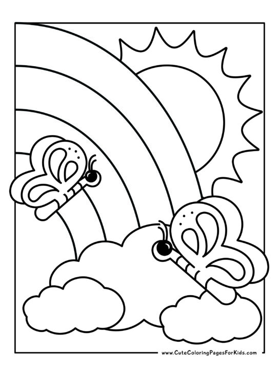 coloring page with rainbow spilling from one side of page and a sun in the background, with two butterflies flying in the foreground