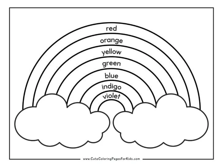 full rainbow coloring page with lines for all seven colors of the rainbow and the words of the colors in the lines