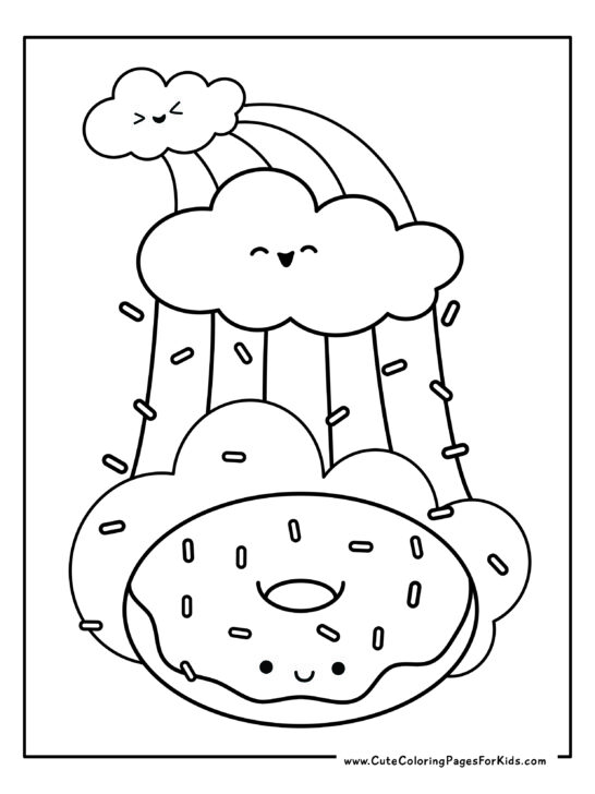 coloring sheet of donut with rainbow sprinkles and rainbows with clouds