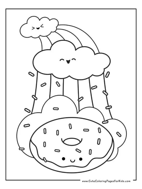 coloring sheet of donut with rainbow sprinkles and rainbows with clouds