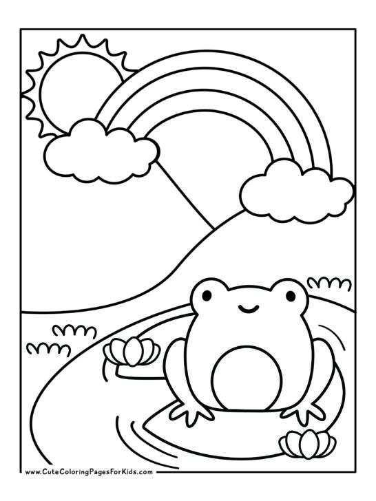 coloring page with rainbow, sun, and frog sitting on a lily pad