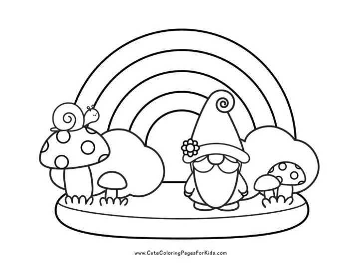 coloring page with rainbow in background and gnome, mushrooms, and snail sitting on a mushroom