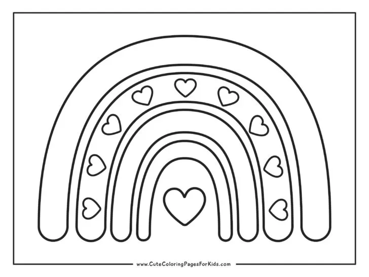 coloring sheet with rainbow arches, there are hearts in one of the arches, and one heart in the middle, under the rainbow