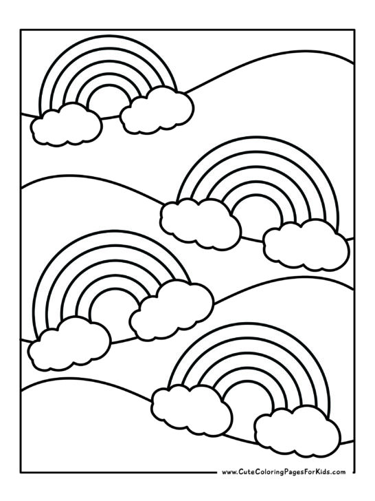 coloring page with four rainbows on rolling hills