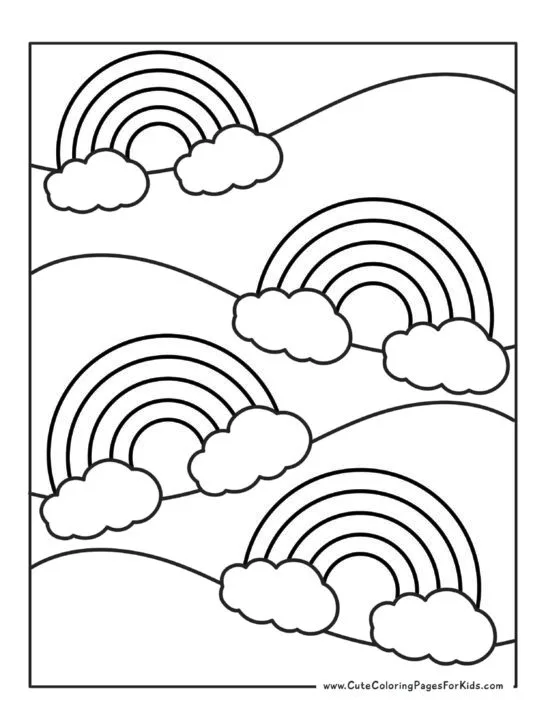 coloring page with four rainbows on rolling hills