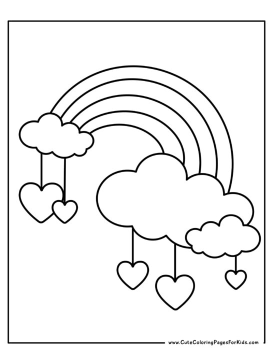 rainbow coloring page with clouds and hearts