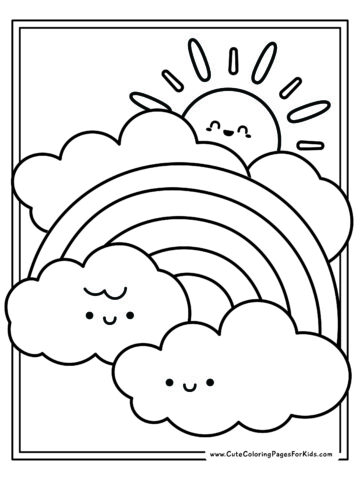 rainbow coloring page with cute clouds and sun in kawaii style illustration