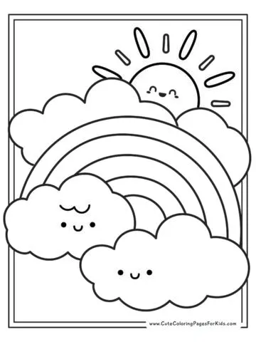 rainbow coloring page with cute clouds and sun in kawaii style illustration