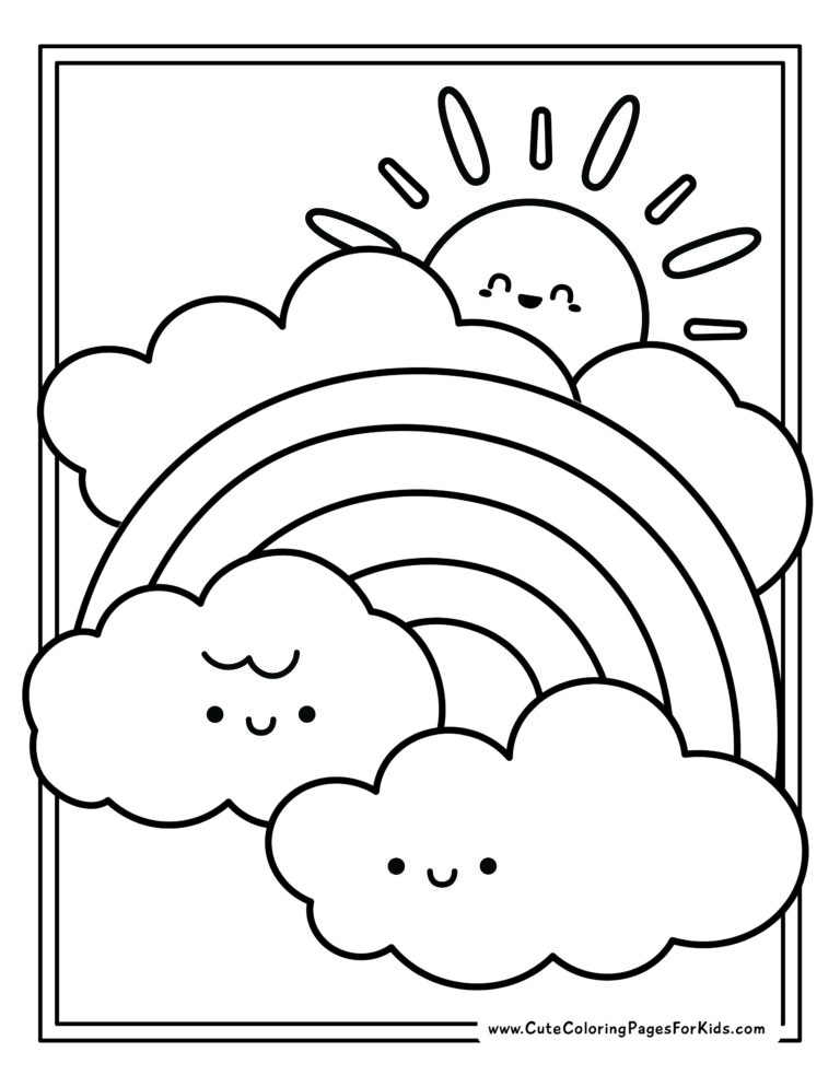 rainbow coloring page with cute clouds and sun in kawaii style illustration