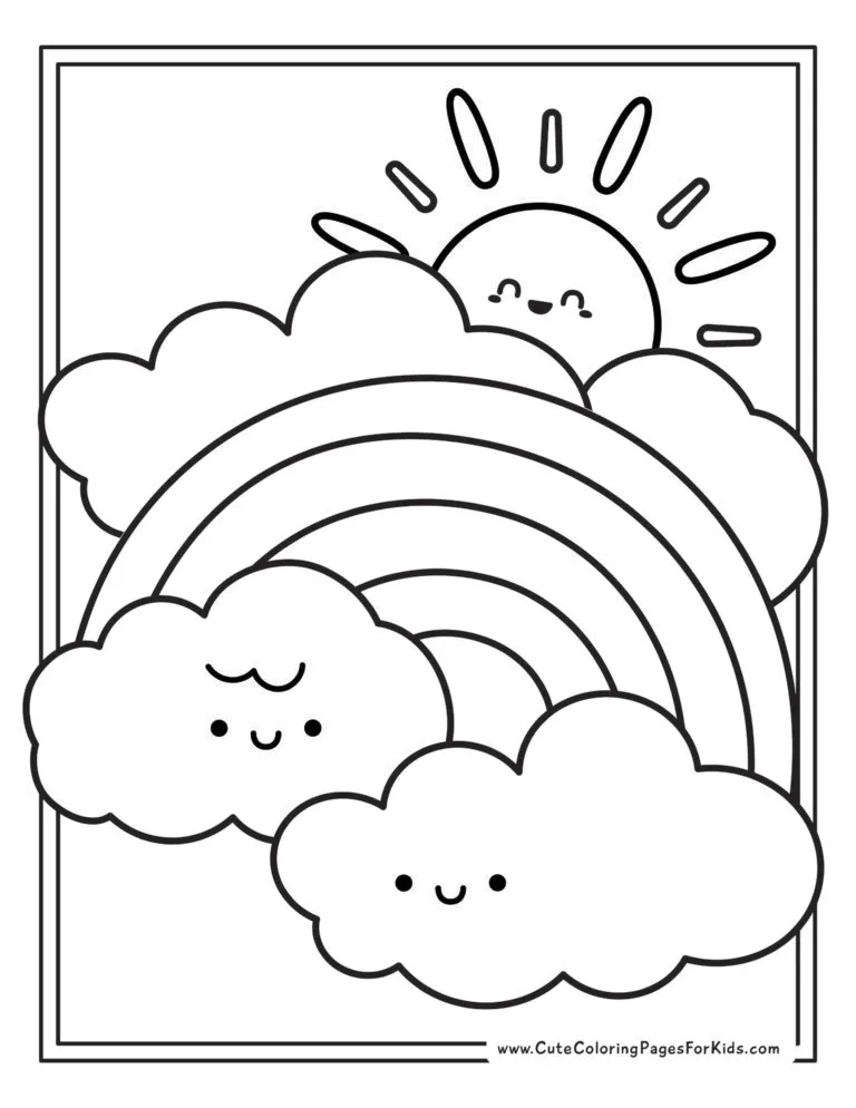 rainbow coloring page with cute clouds and sun in kawaii style illustration